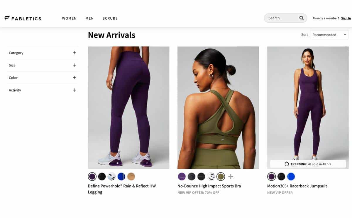 Fabletics shopping for women's outfits screenshot.