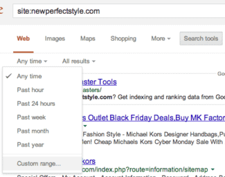 Screenshot of Google SERPs with a specific site search using the time filter