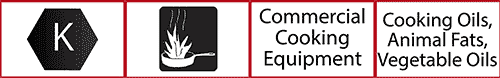 Black symbol on a type K fire extinguisher. Commercial cooking equipment class (cooking oils, animal fats, and vegetable oils).