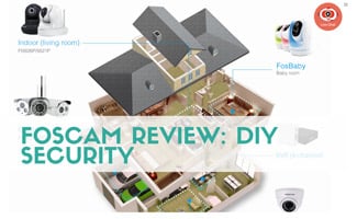 Illustrated house with security cameras (caption: Foscam Review: DIY Security)