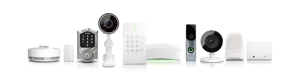 Frontpoint home security equipment from left to right: smoke sensor, door/window sensor, smart lock, security camera, keypad, hub, doorbell camera, indoor camera, motion sensor, and glass break sensor.