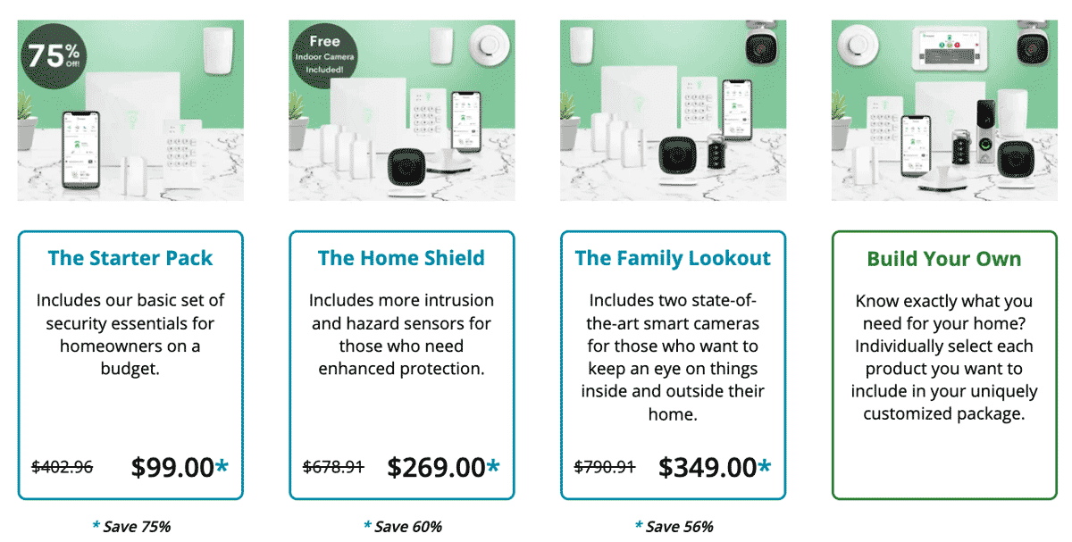 Screenshot of Frontpoint home security packages and their corresponding prices: The Starter Pack $99, The Home Shield $269, and The Family Lookout $349