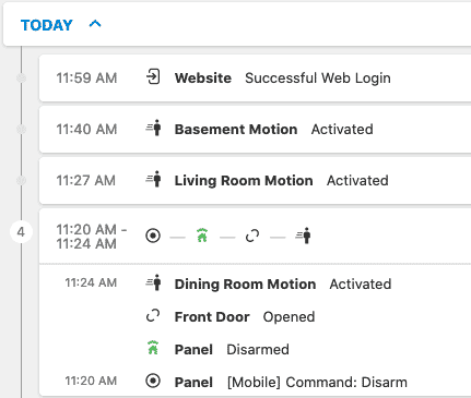 Frontpoint portal - screenshot of activity section.