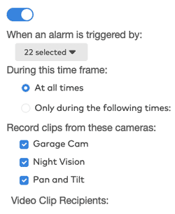 Frontpoint portal - screenshot of settings for event-triggered recording schedule