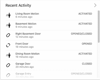 Frontpoint customer portal: home screen recent activity widget with list of recent activities