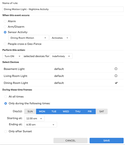 Screenshot of a lights rule and the settings you can specify in the Frontpoint home security portal