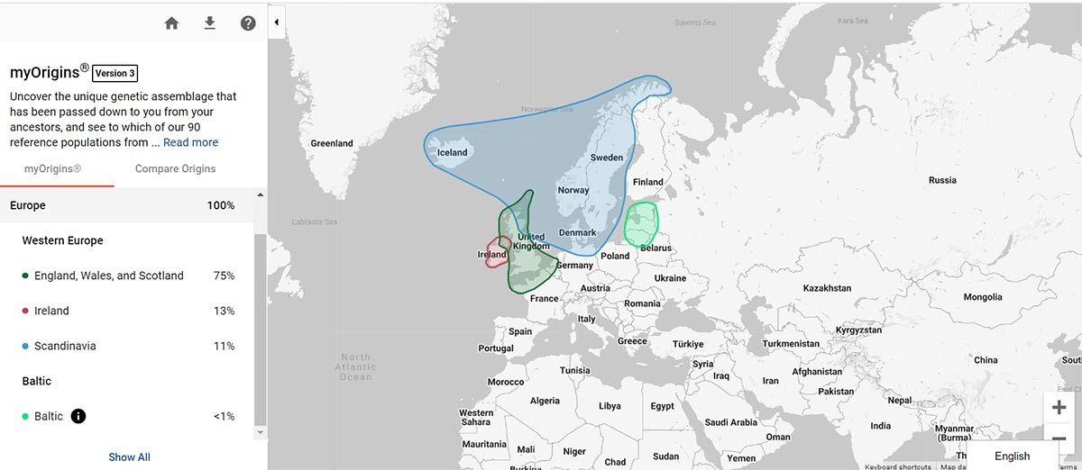 FamilyTreeDNA myOrigins screenshot.