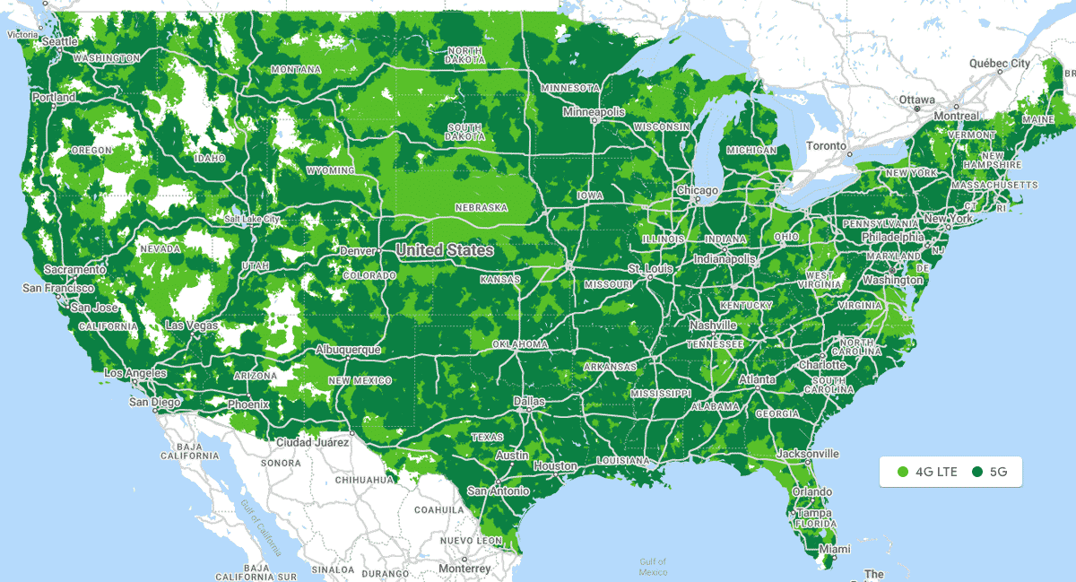 Map of the United States showing Google Fi cell phone coverage for 4G LTE (light green) and 5G (dark green)