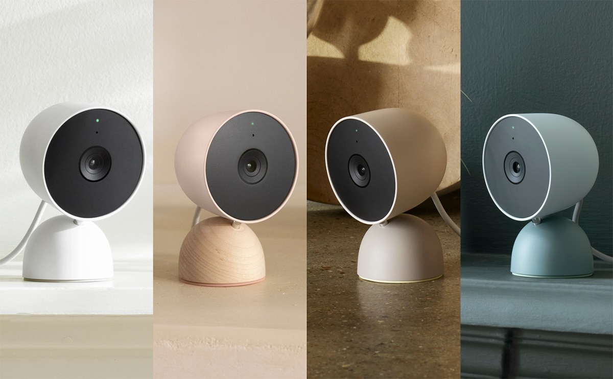 Four Google Nest cameras in different colors