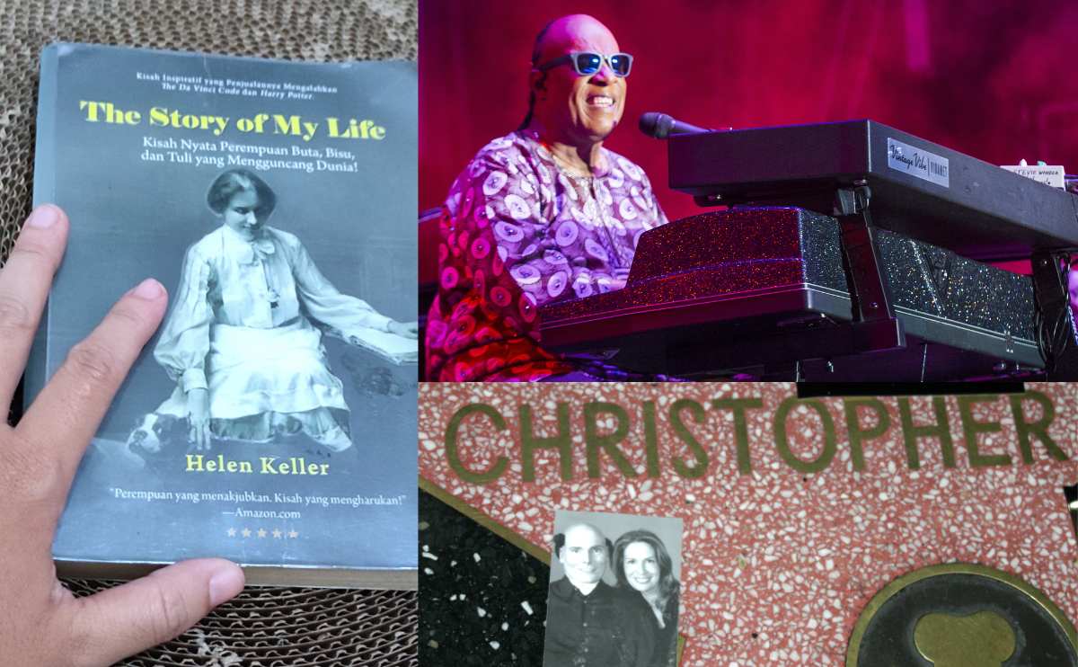 A grid of three celebrities with disabilities: Hellen Keller book, Stevie Wonder performing and Christopher Reeve walk of fame star.