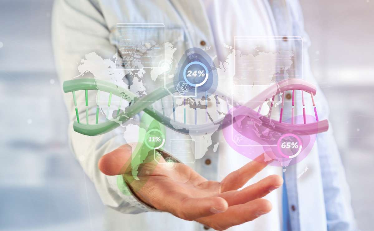 Hand holding a virtual DNA strand over a world map with geographic localization.