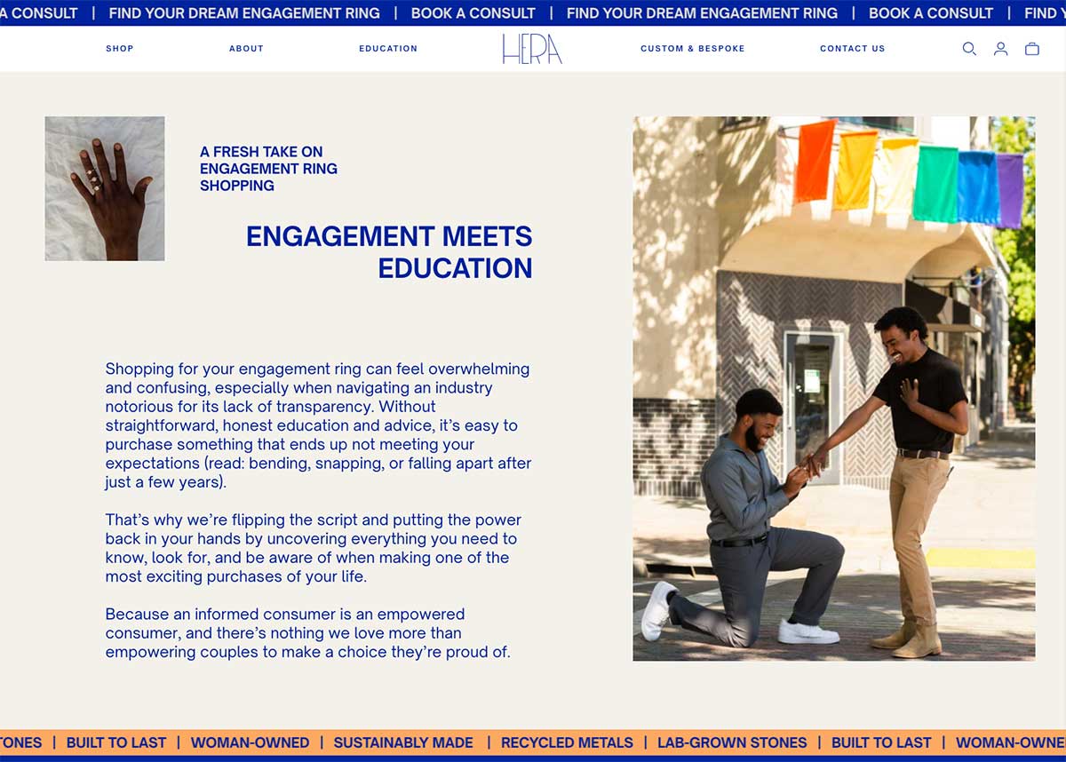 Hera Fine Jewelry screenshot of website showing their education.