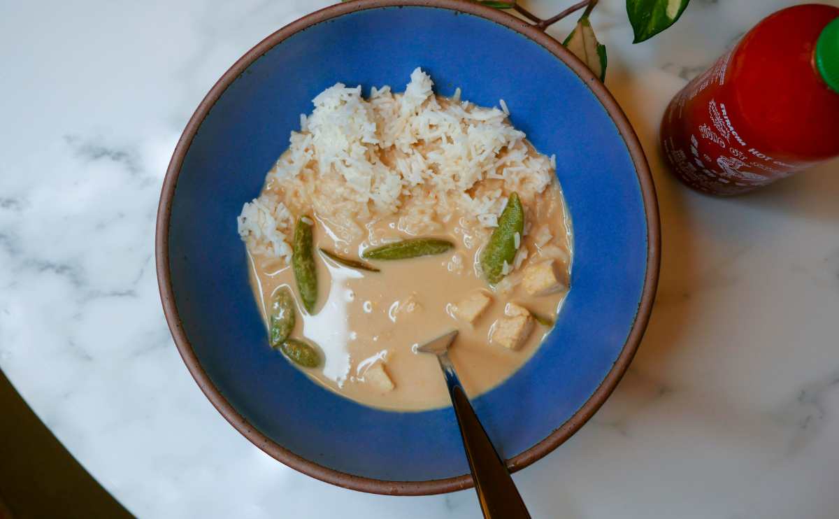 Homemade panang curry in a bowl.