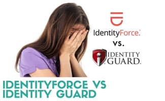 Woman with hands in her face (IdentityForce vs Identity Guard logos)