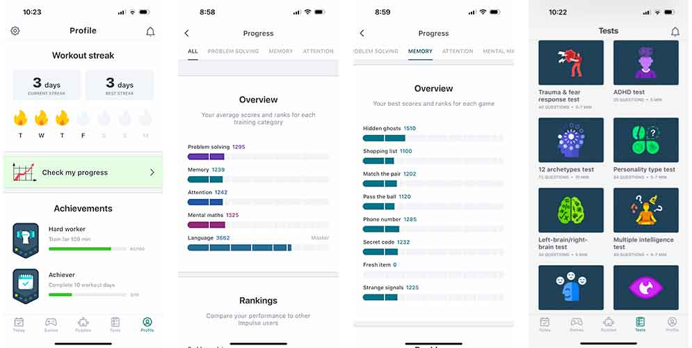 Impulse app screenshots tracking performance.