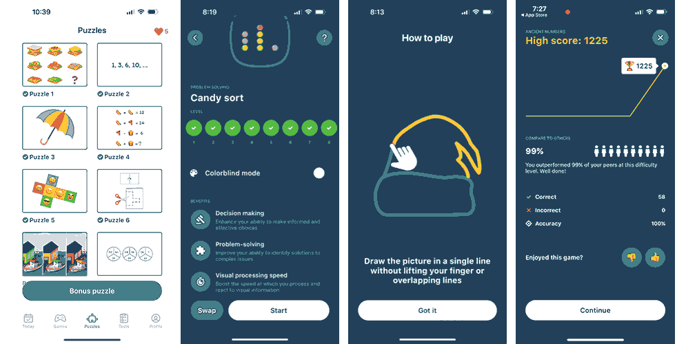 Impulse app screenshots showing various puzzles and games.