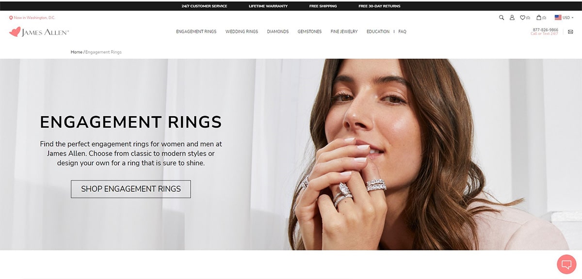 Jmes Allen engagement ring website screenshot.