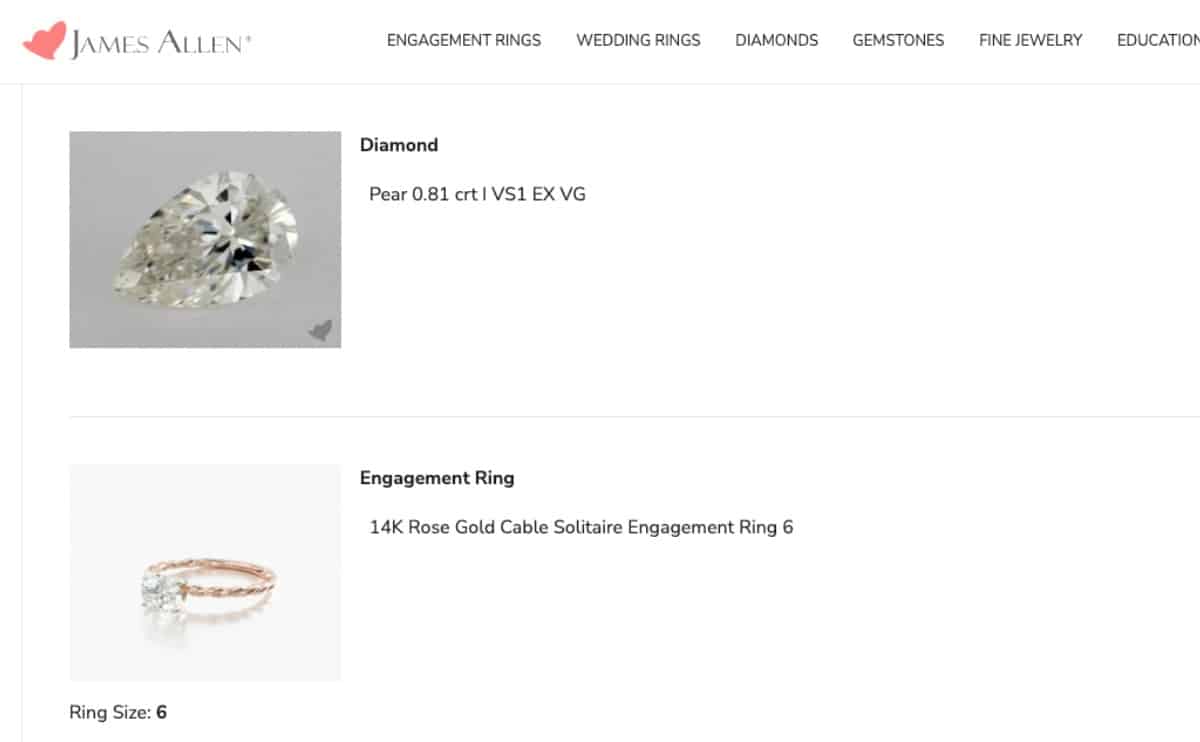 james allen screenshot of shopping cart for engagement rings on website jpg