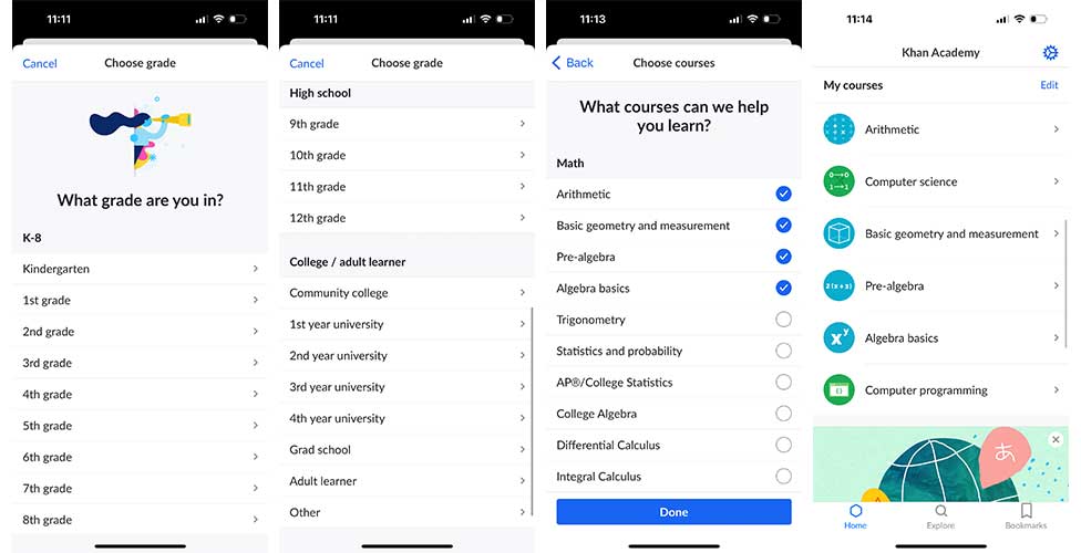 Khan Academy app screenshots of education experience and course selections.