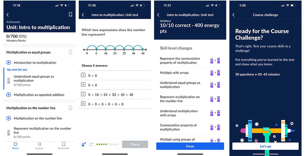 Khan Academy app screenshots tracking performance.