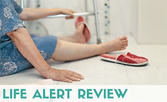 Elderly lady on floor of bathroom who fell (caption: Life Alert Review)