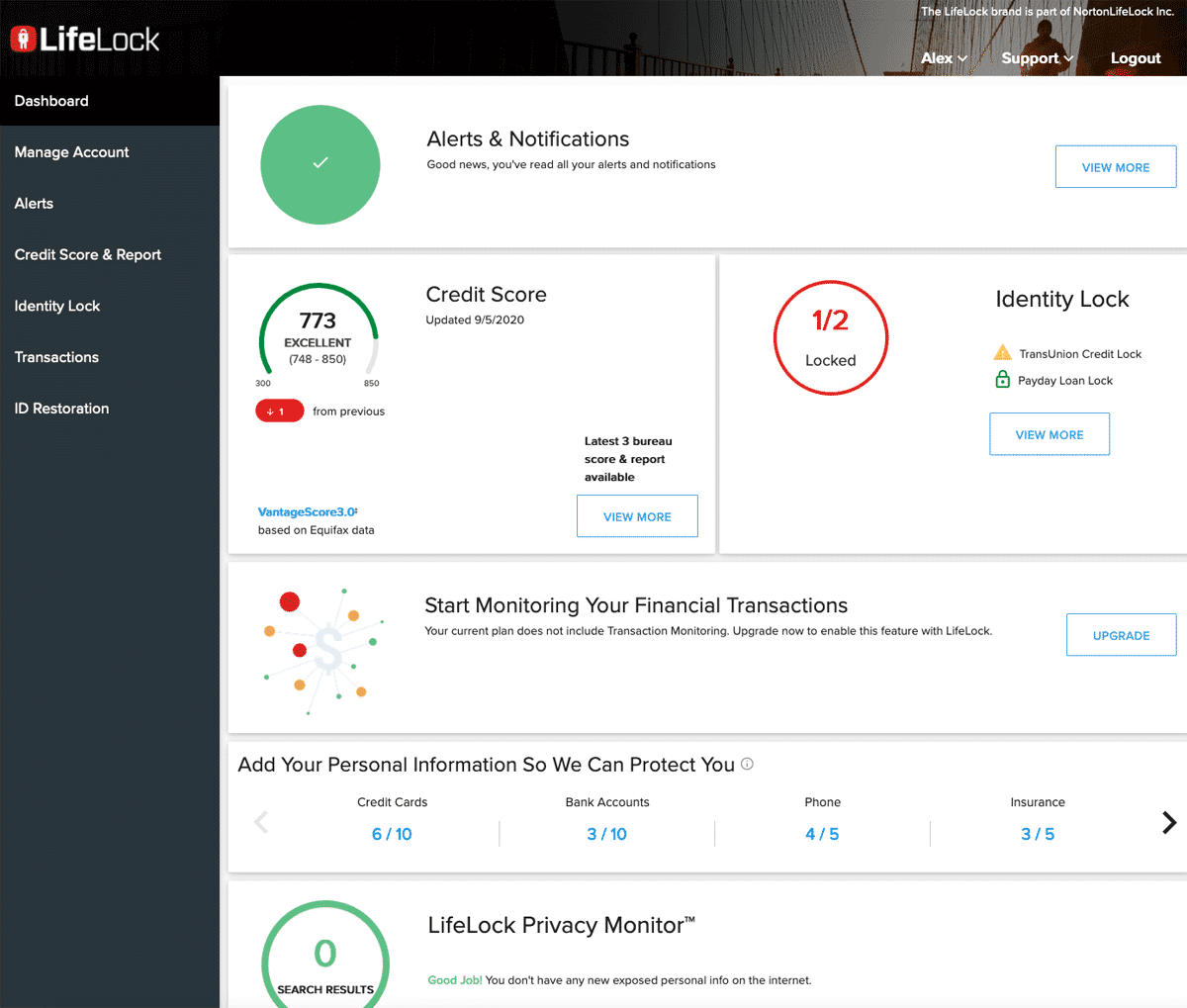 Lifelock dashboard showing alerts & notifications, credit score, identity lock options, personal information protection, and privacy monitor.