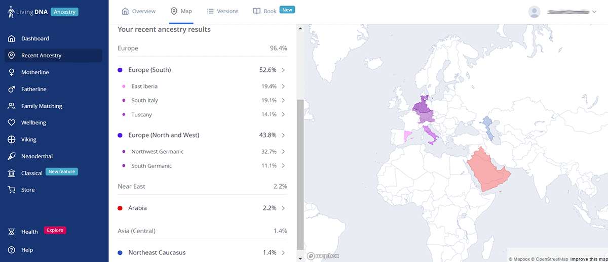 Living DNA ancestry results screenshot.