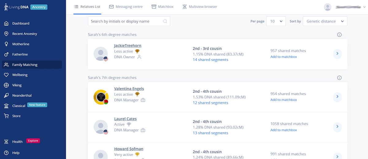 Living DNA family matching screenshot.