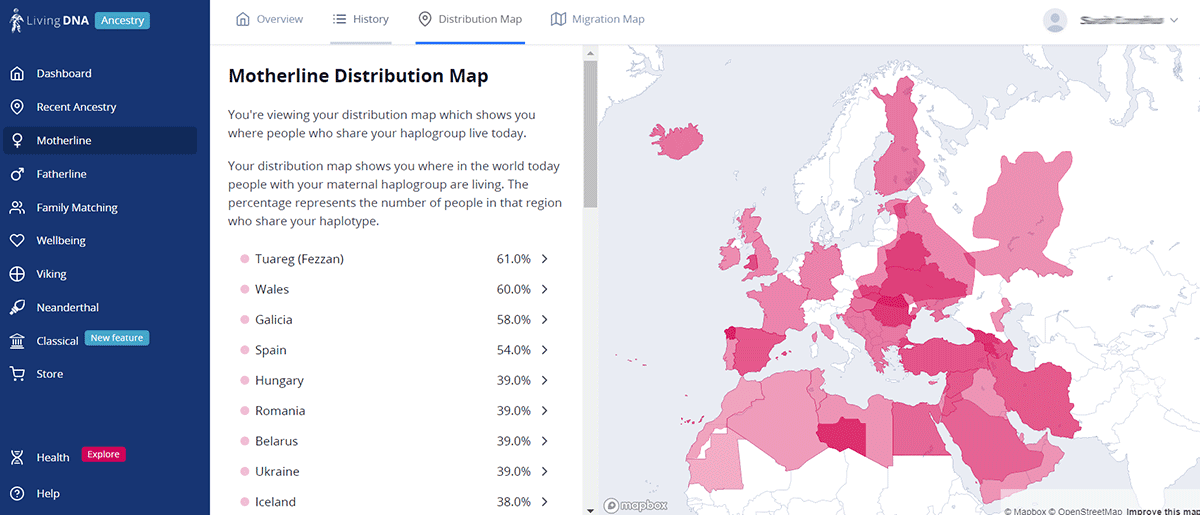 Living DNA motherline distribution map screenshot.