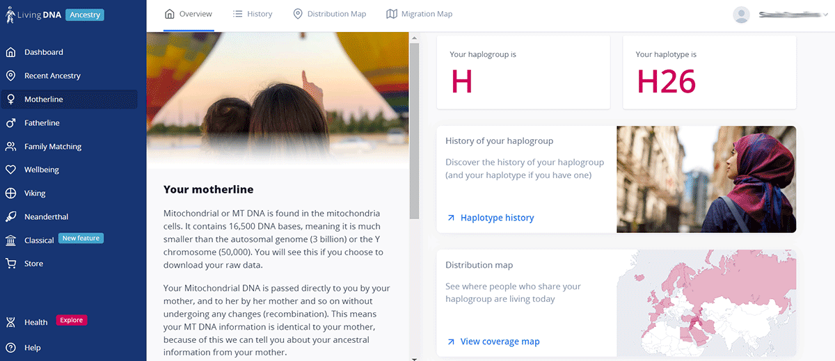Living DNA motherline overview screenshot.