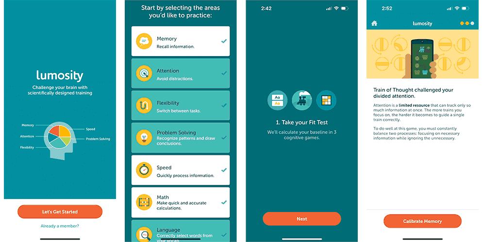 Lumosity app screenshots showing areas of study (memory, attention, flexibility, problem solving, speed, math, and language) and the fit test.