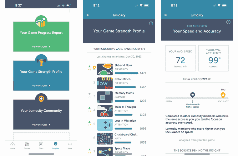 Lumosity app screenshots showing performance tracking.