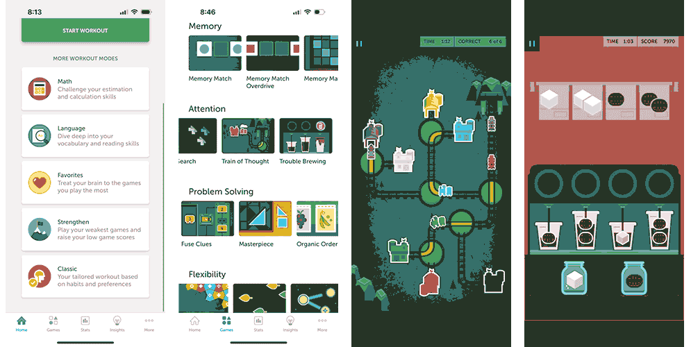 Lumosity app screenshots showing brain workout options (math, language, favorites, and areas to strengthen) and various attention games.