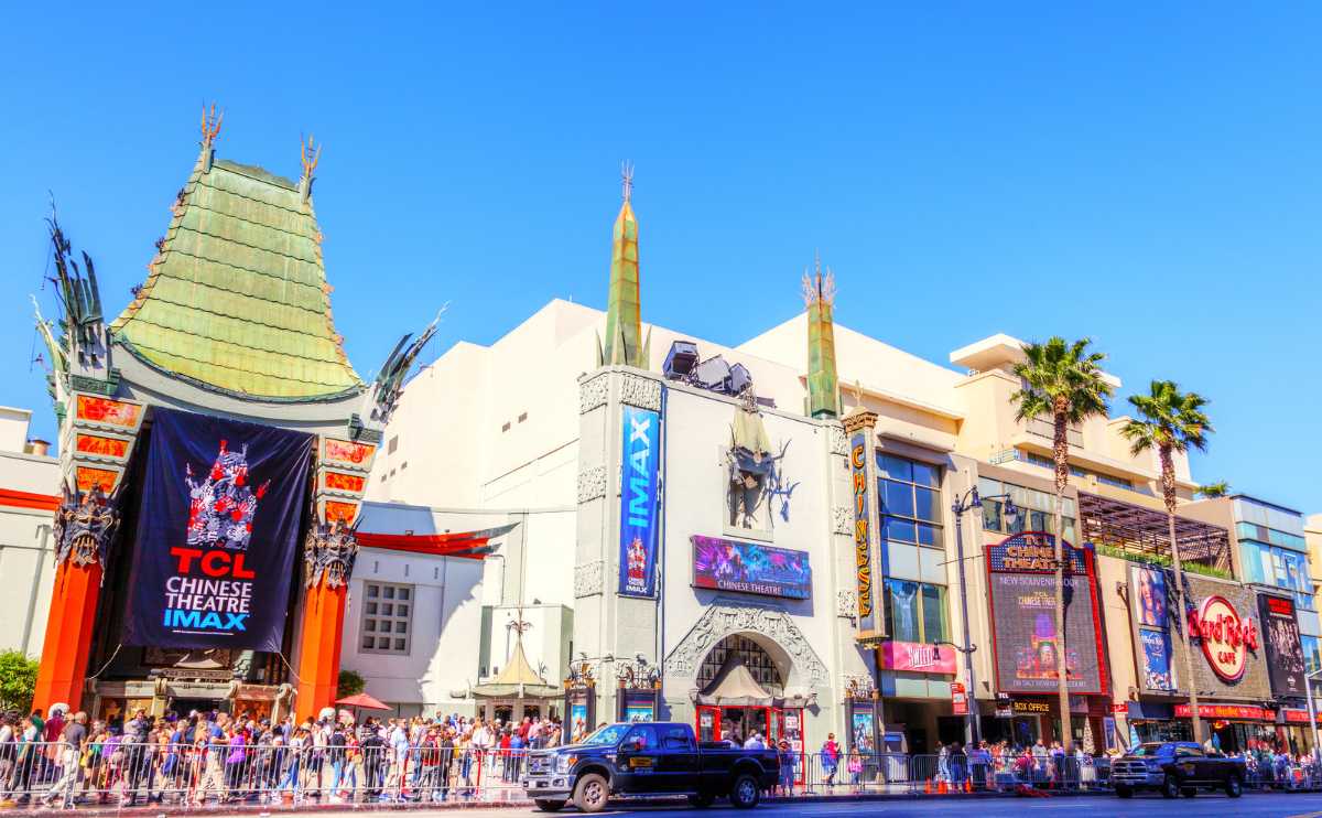 Mann's Chinese Theatre in Hollywood, California with line of people lined up to see an IMAX.