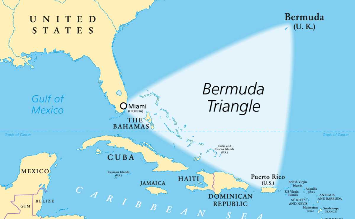 Map of Bermuda Triangle, Atlantic Ocean.