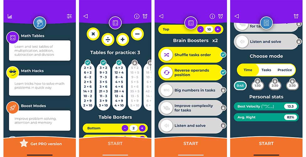 Math Brain Booster Games app screenshots showing game options and personalization.
