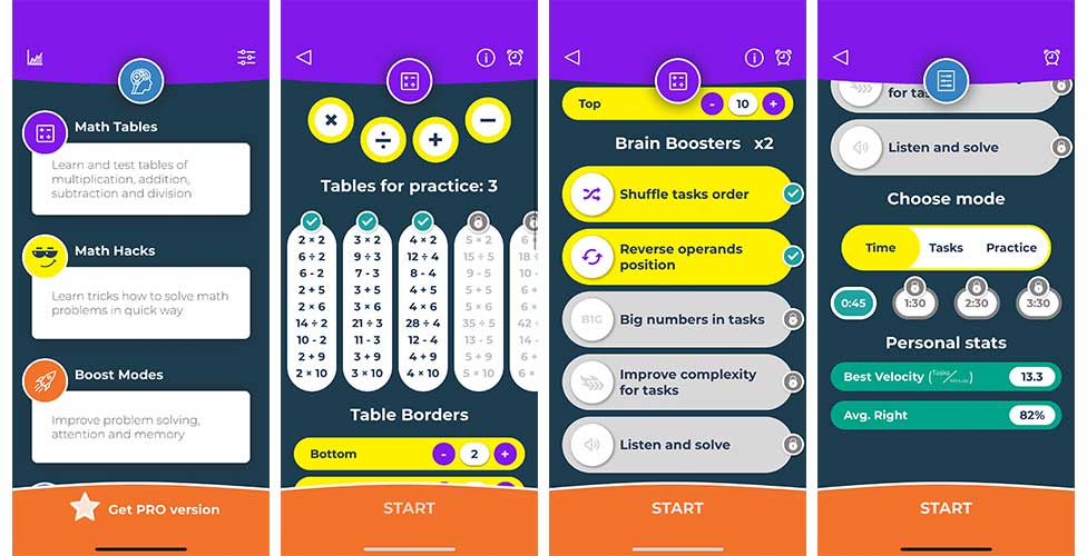 Math Brain Booster Games app screenshots showing game options and personalization. 