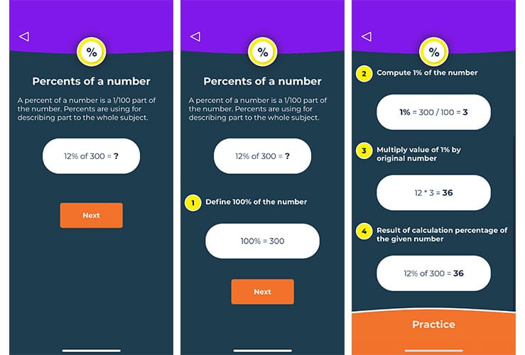 Math Brain Booster Games app screenshots showing math hack (finding the percent of a number).