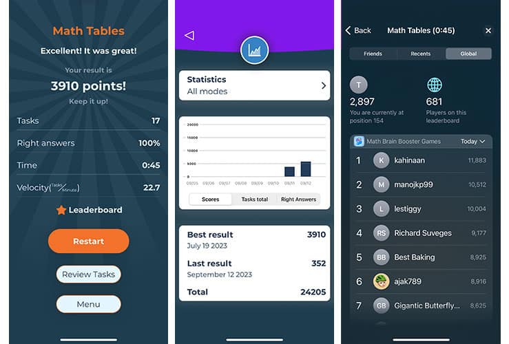 Math Brain Booster Games app screenshots showing how the app tracks performance.