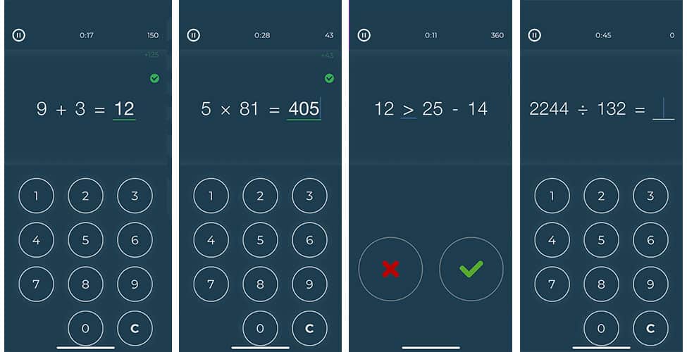 Math Brain Booster Games app screenshots showing examples of problems to solve.