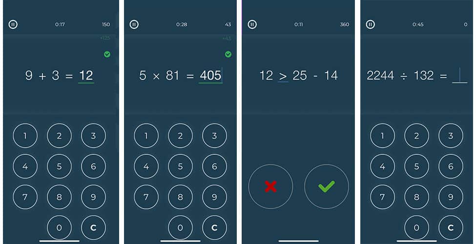 Math Brain Booster Games app screenshots showing examples of problems to solve. 
