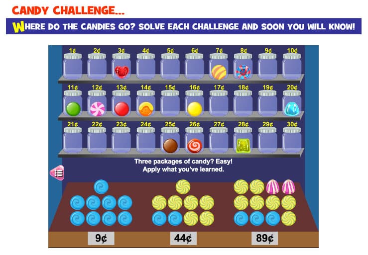Math Playground app screenshot showing Candy Challenge game, where users find the price of individual candies.