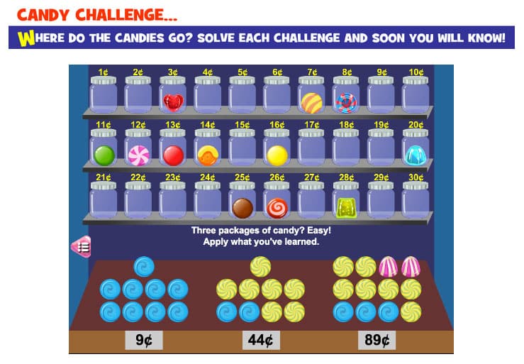 Math Playground app screenshot showing Candy Challenge game, where users find the price of individual candies. 