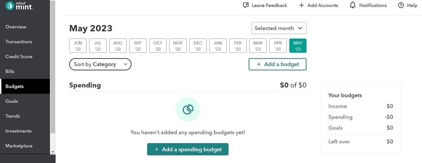 Mint screenshot of budget page showing monthly budget, income and spending.