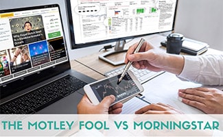 Two computer screens side by side with investing websites on screens (caption: The Motley Fool vs Morningstar)