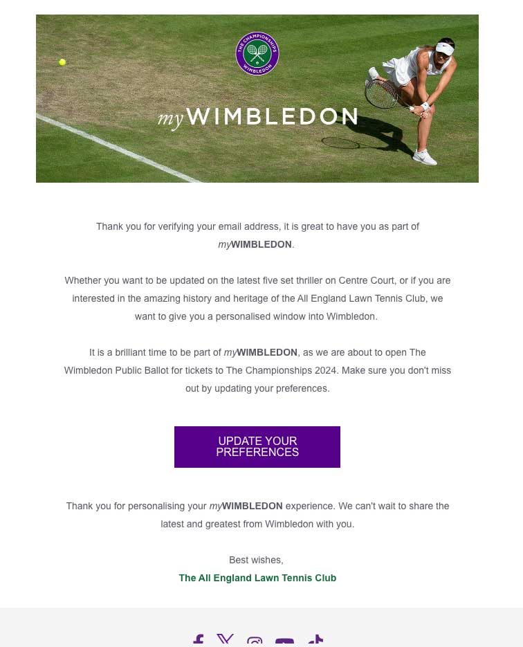 myWIMBLEDON email verification confirmation screenshot.