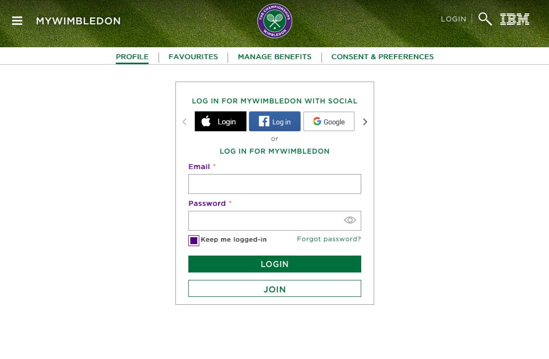 myWIMBLEDON login screenshot.