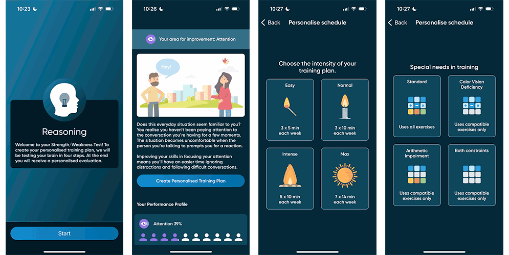 NeuroNation app screenshots showing initial evaluation and personalized schedule options.