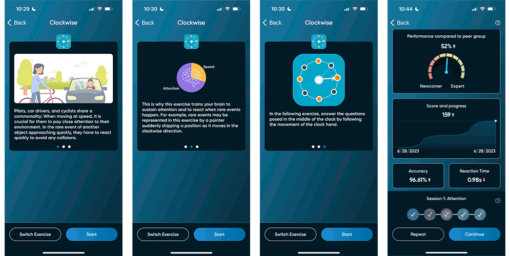 NeuroNation app screenshots showing Clockwise game, where you follow the movement of the clock hand.