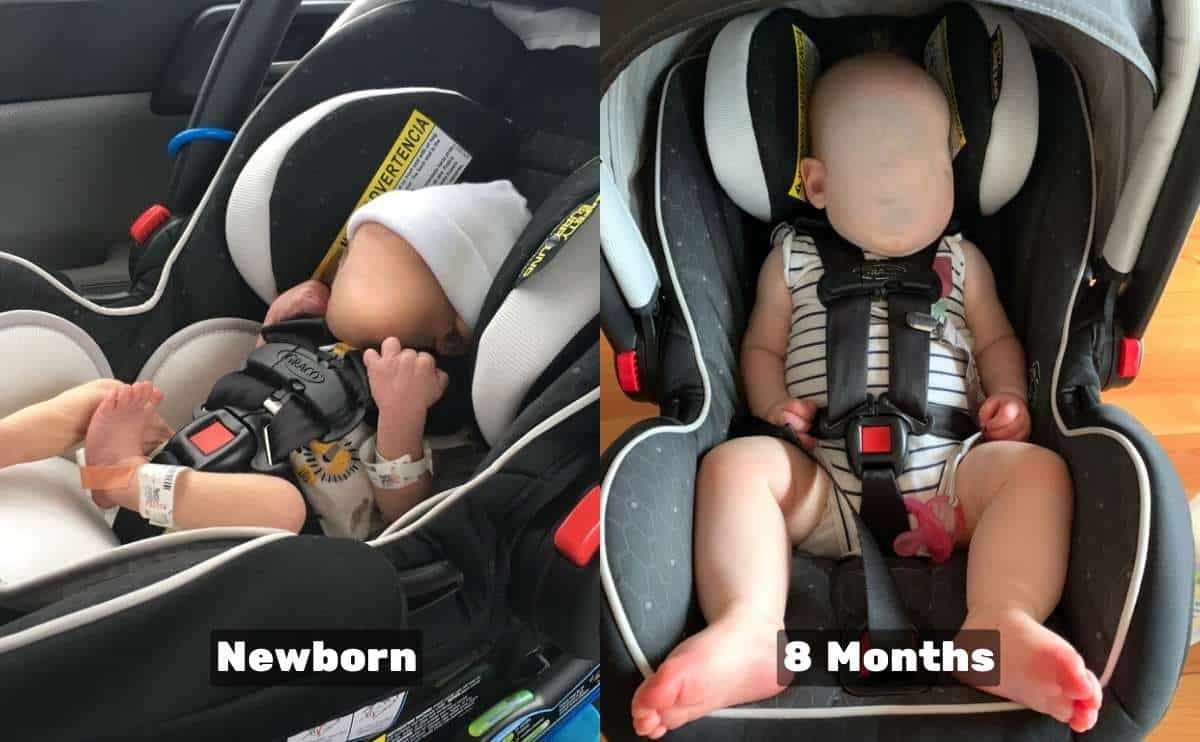 A newborn baby and at 8 months in Graco Snugride car seat.